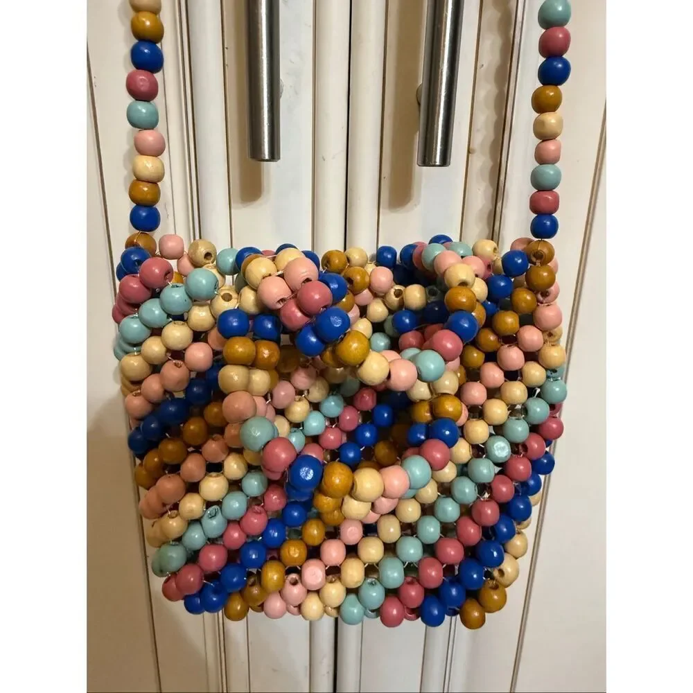 The Unbranded Brand Women's Striped Wooden Beaded Crossbody Bag Multicolor Small
